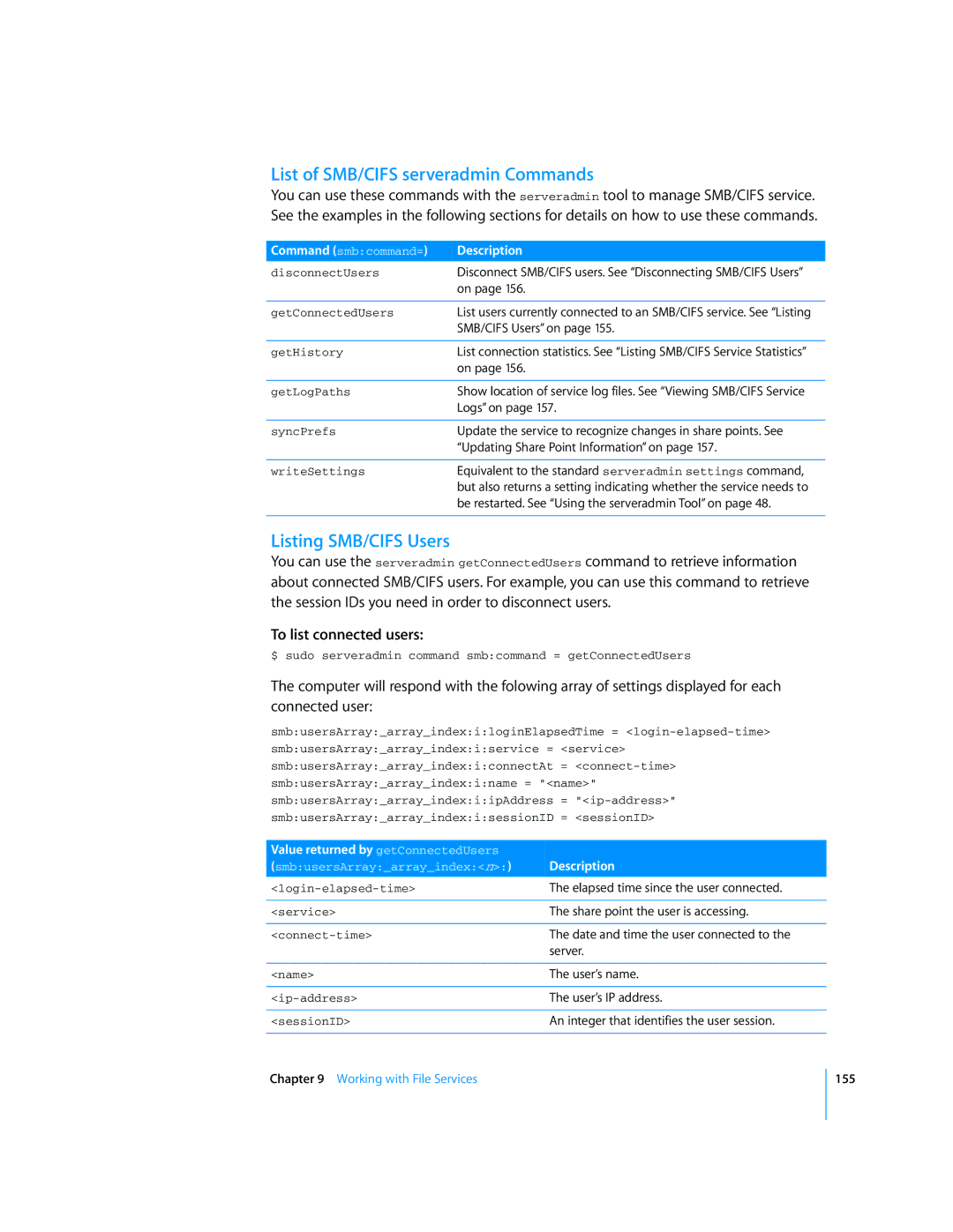 Apple Mac OS X Server manual List of SMB/CIFS serveradmin Commands, Listing SMB/CIFS Users 