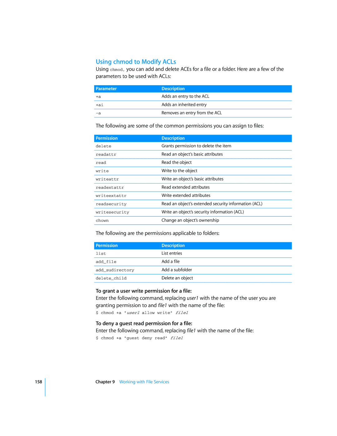 Apple Mac OS X Server manual Using chmod to Modify ACLs, Following are the permissions applicable to folders 