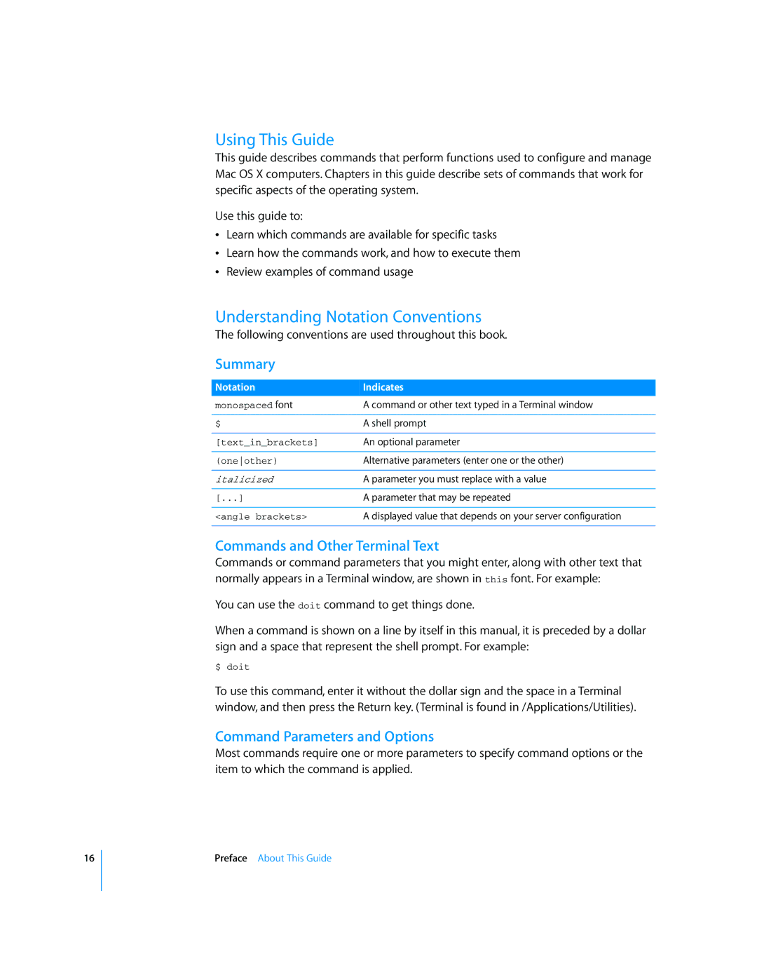 Apple Mac OS X Server Using This Guide, Understanding Notation Conventions, Summary, Commands and Other Terminal Text 