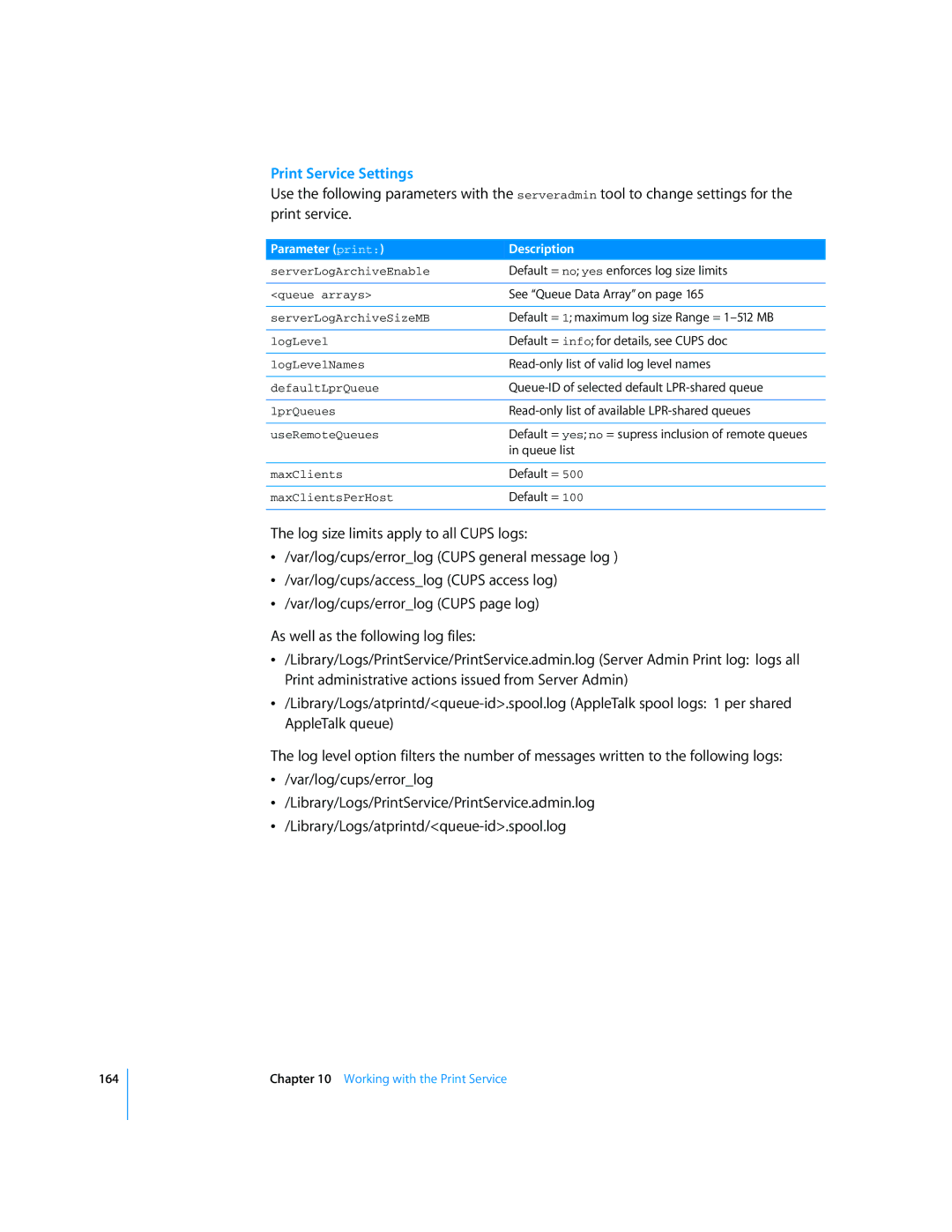 Apple Mac OS X Server manual Print Service Settings, Parameter print Description 