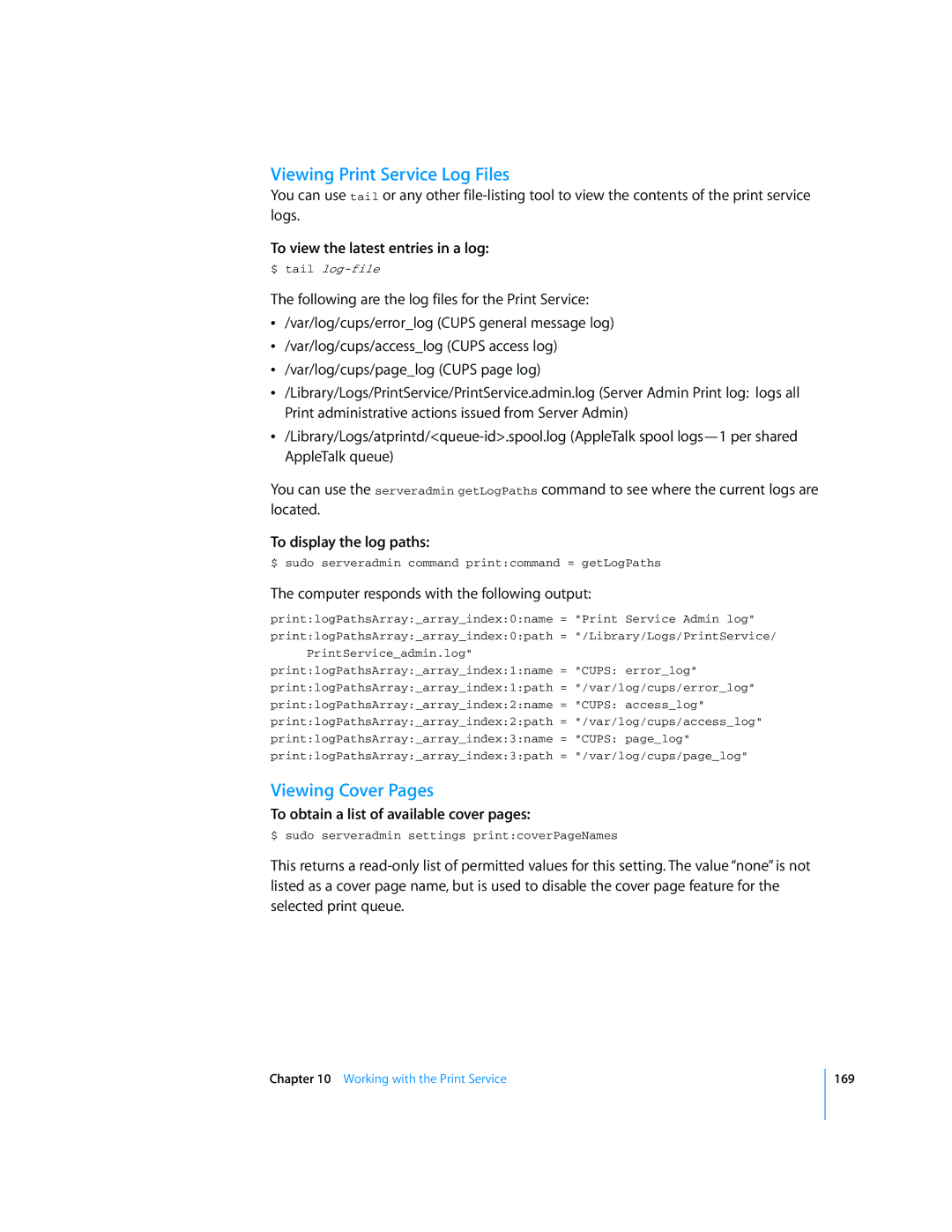 Apple Mac OS X Server Viewing Print Service Log Files, Viewing Cover Pages, To obtain a list of available cover pages 