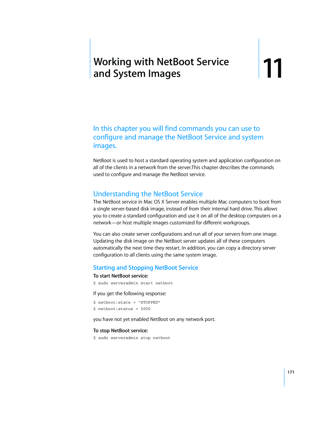 Apple Mac OS X Server Understanding the NetBoot Service, Starting and Stopping NetBoot Service, To start NetBoot service 