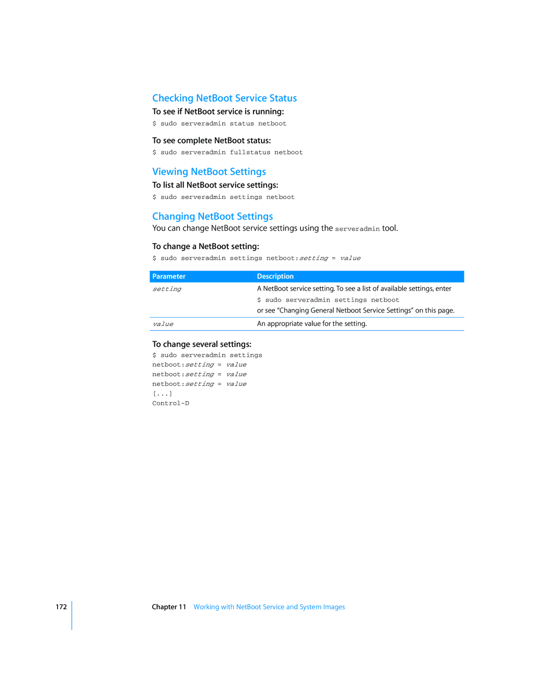 Apple Mac OS X Server manual Checking NetBoot Service Status, Viewing NetBoot Settings, Changing NetBoot Settings 