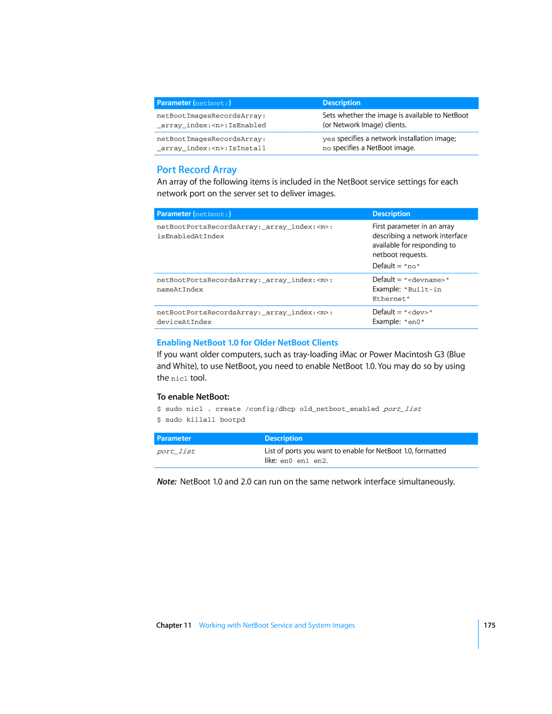 Apple Mac OS X Server manual Port Record Array, Enabling NetBoot 1.0 for Older NetBoot Clients, To enable NetBoot 