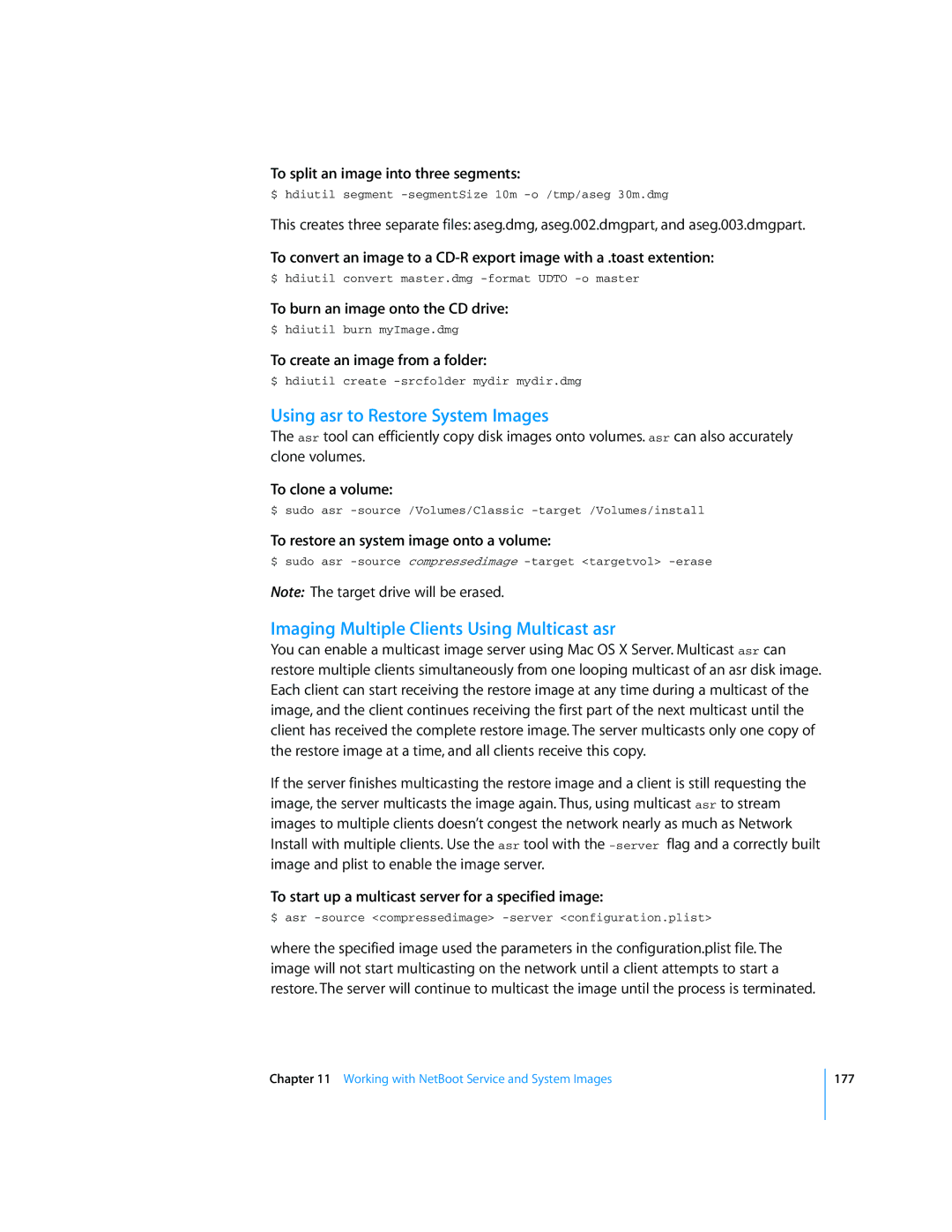 Apple Mac OS X Server manual Using asr to Restore System Images, Imaging Multiple Clients Using Multicast asr 