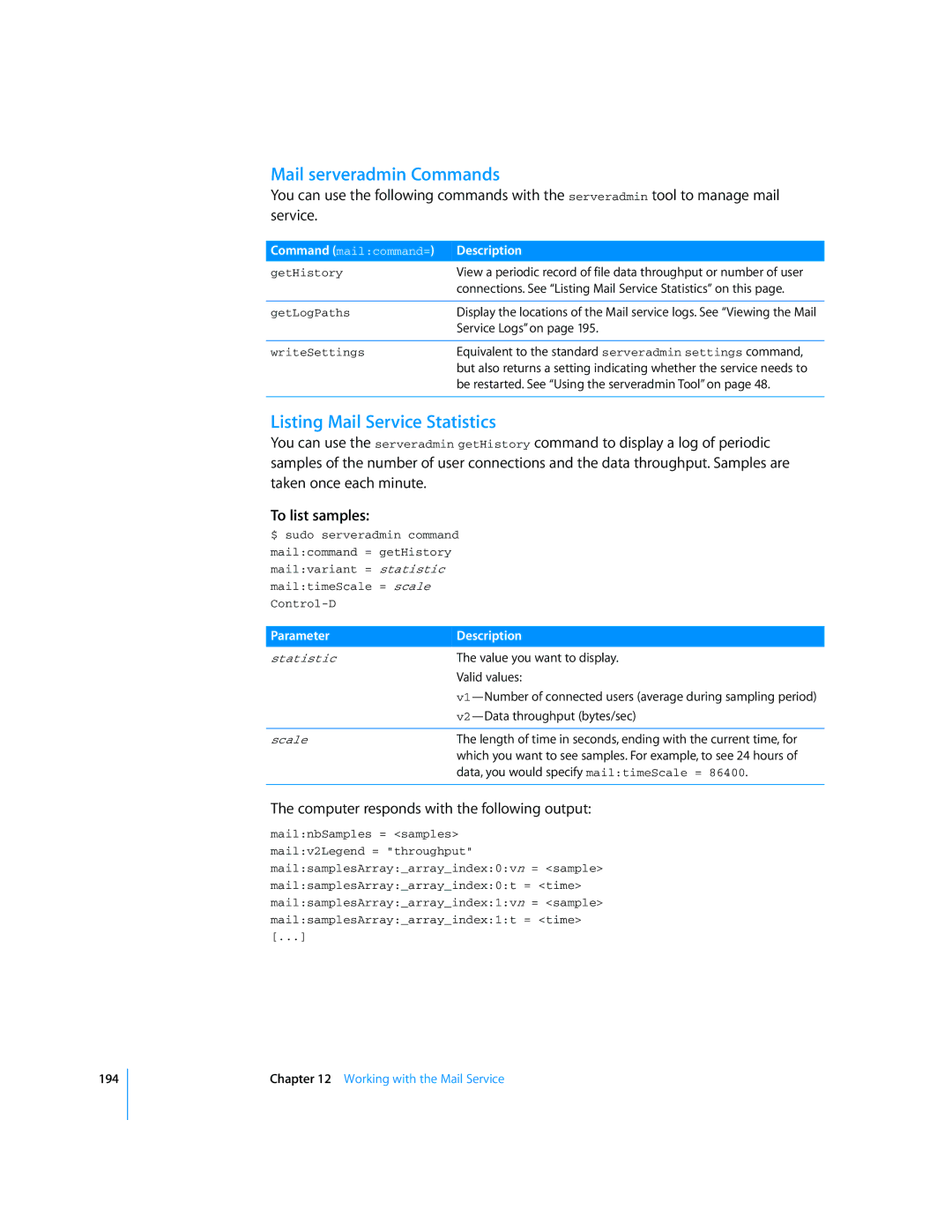 Apple Mac OS X Server manual Mail serveradmin Commands, Listing Mail Service Statistics, To list samples 