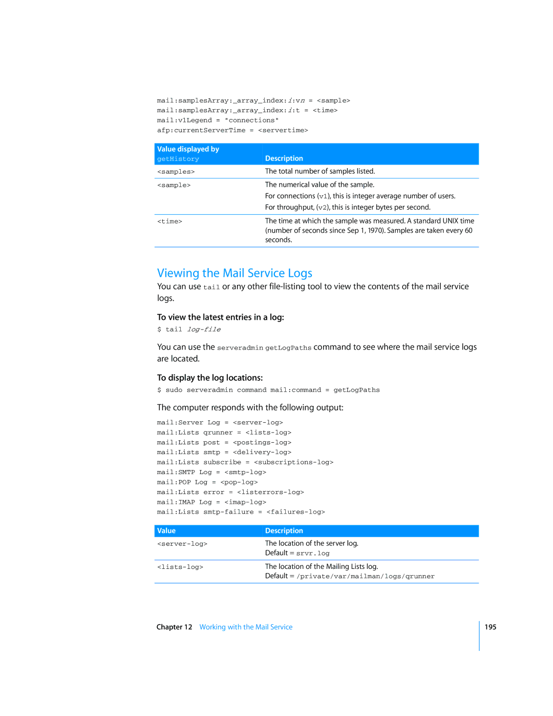 Apple Mac OS X Server manual Viewing the Mail Service Logs, To display the log locations, Location of the server log 