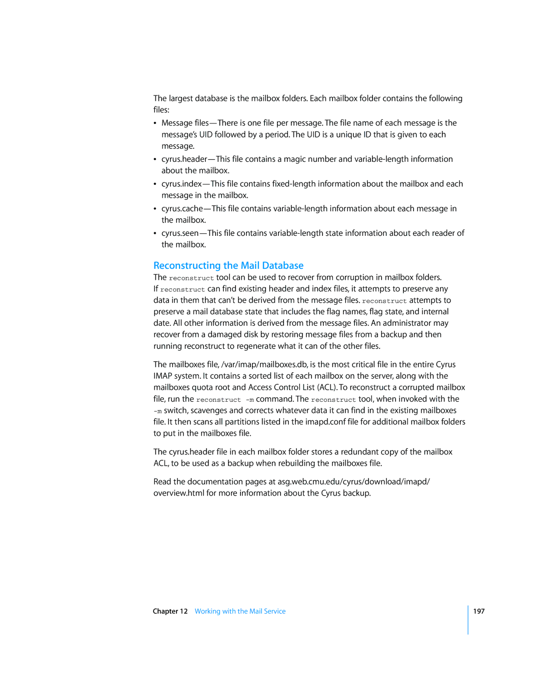 Apple Mac OS X Server manual Reconstructing the Mail Database 
