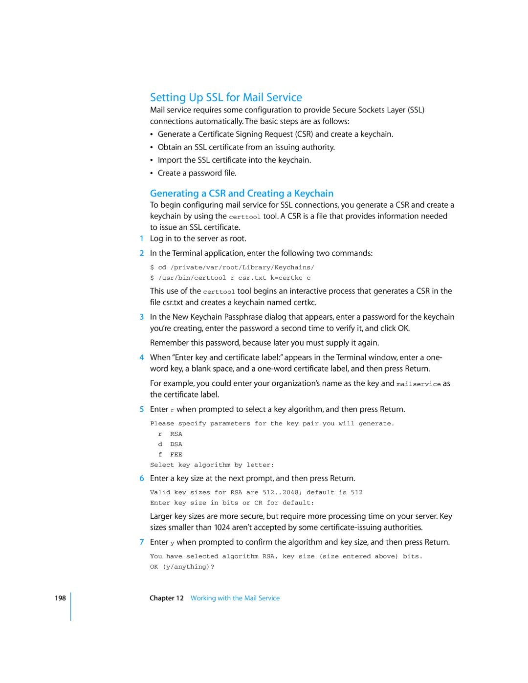 Apple Mac OS X Server manual Setting Up SSL for Mail Service, Generating a CSR and Creating a Keychain 