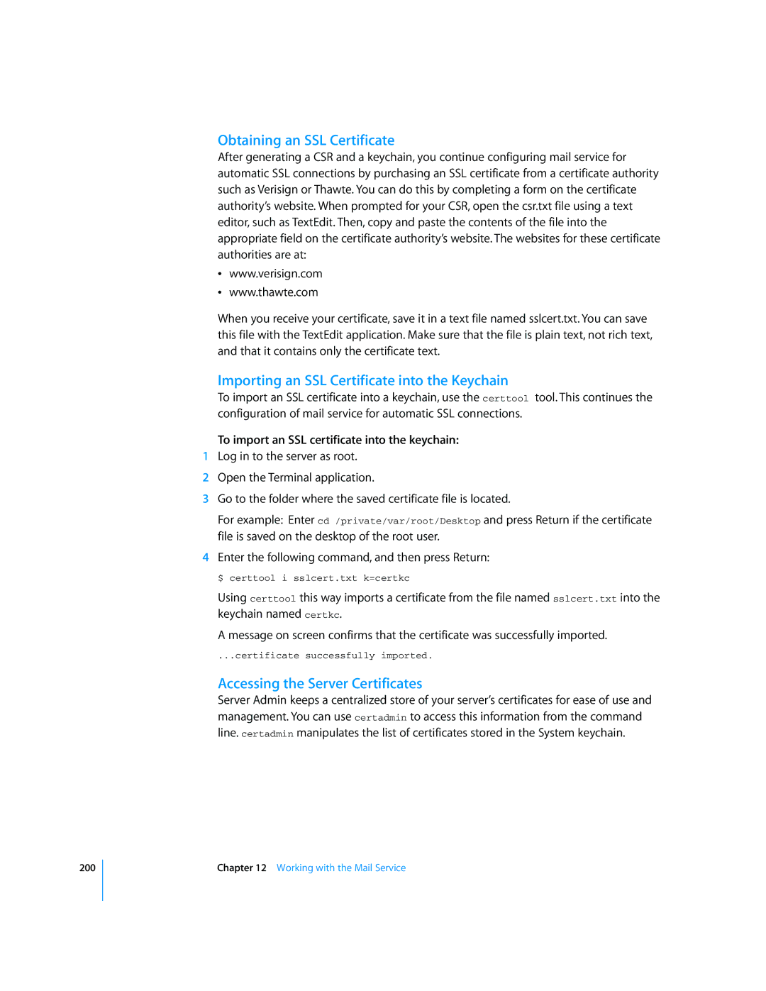 Apple Mac OS X Server manual Obtaining an SSL Certificate, Importing an SSL Certificate into the Keychain 