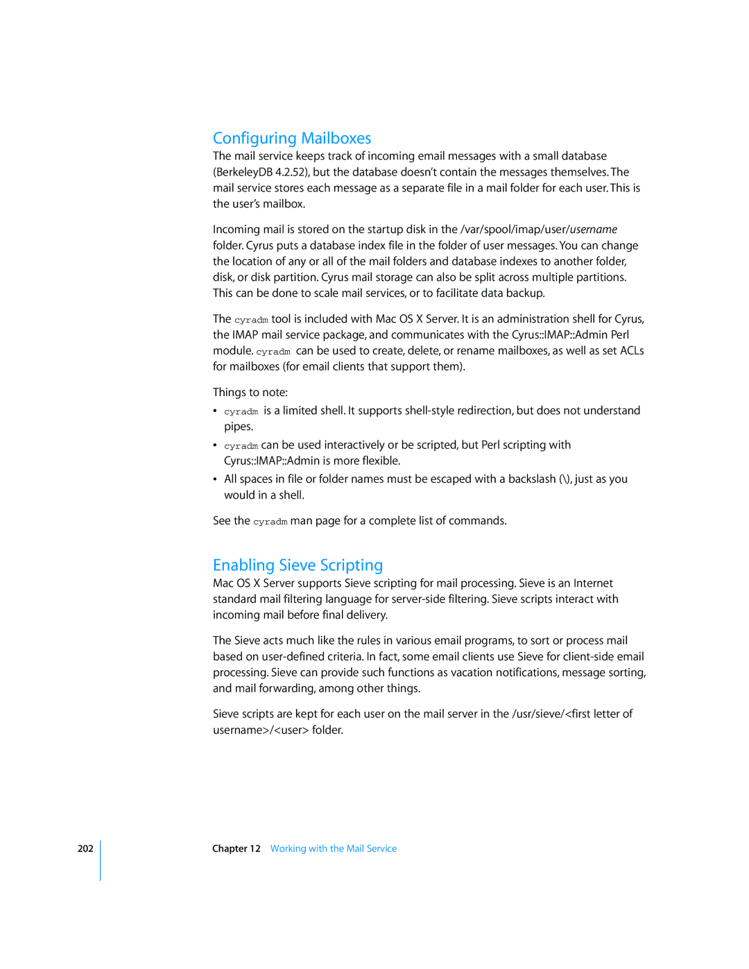 Apple Mac OS X Server manual Configuring Mailboxes, Enabling Sieve Scripting 