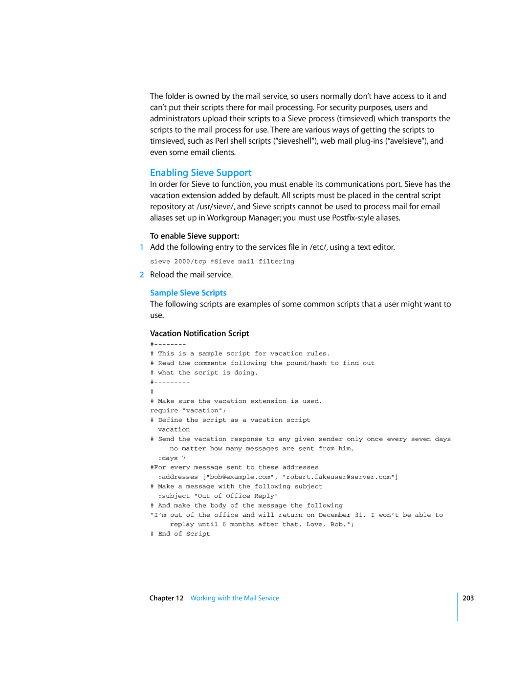 Apple Mac OS X Server manual Enabling Sieve Support, To enable Sieve support, Reload the mail service, Sample Sieve Scripts 