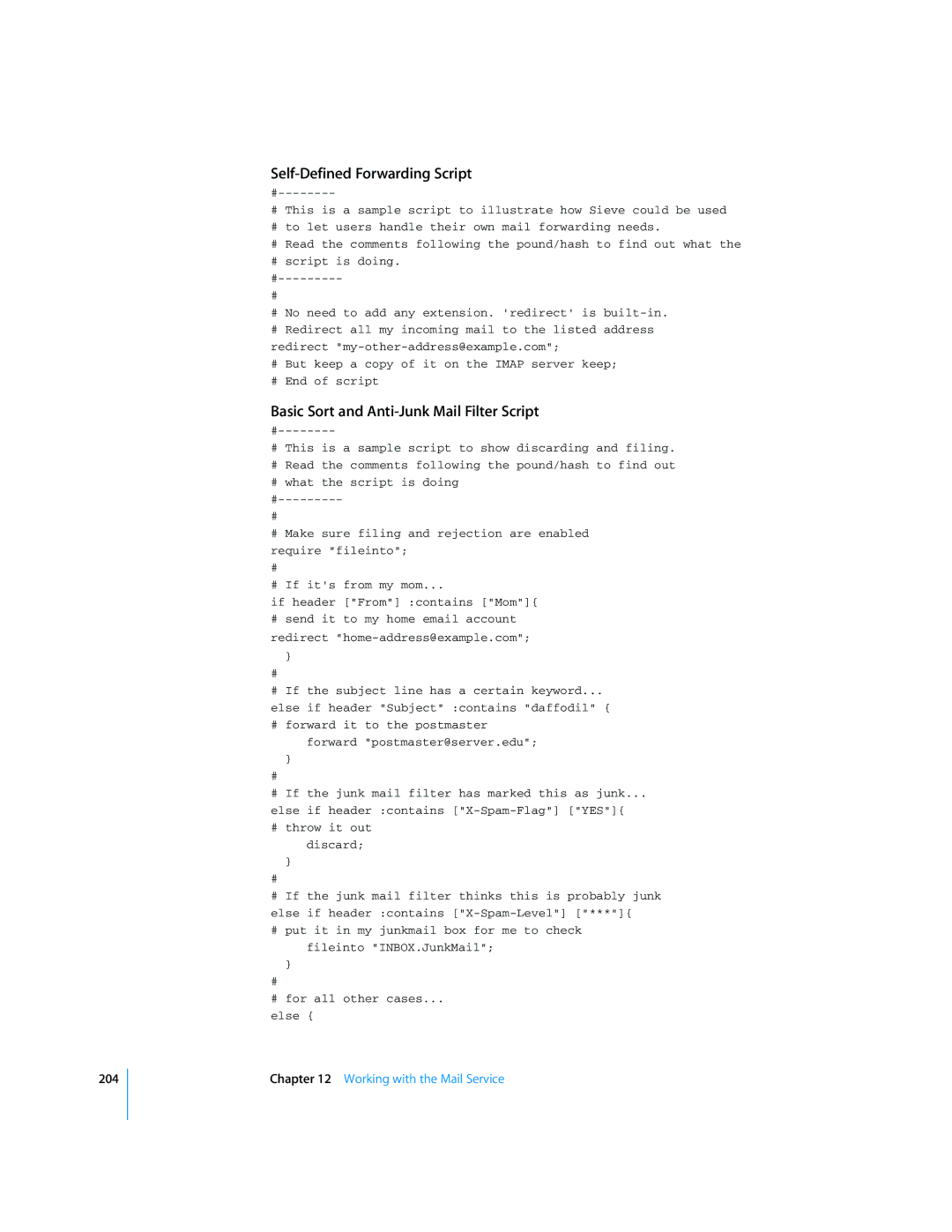 Apple Mac OS X Server manual Self-Defined Forwarding Script, Basic Sort and Anti-Junk Mail Filter Script 