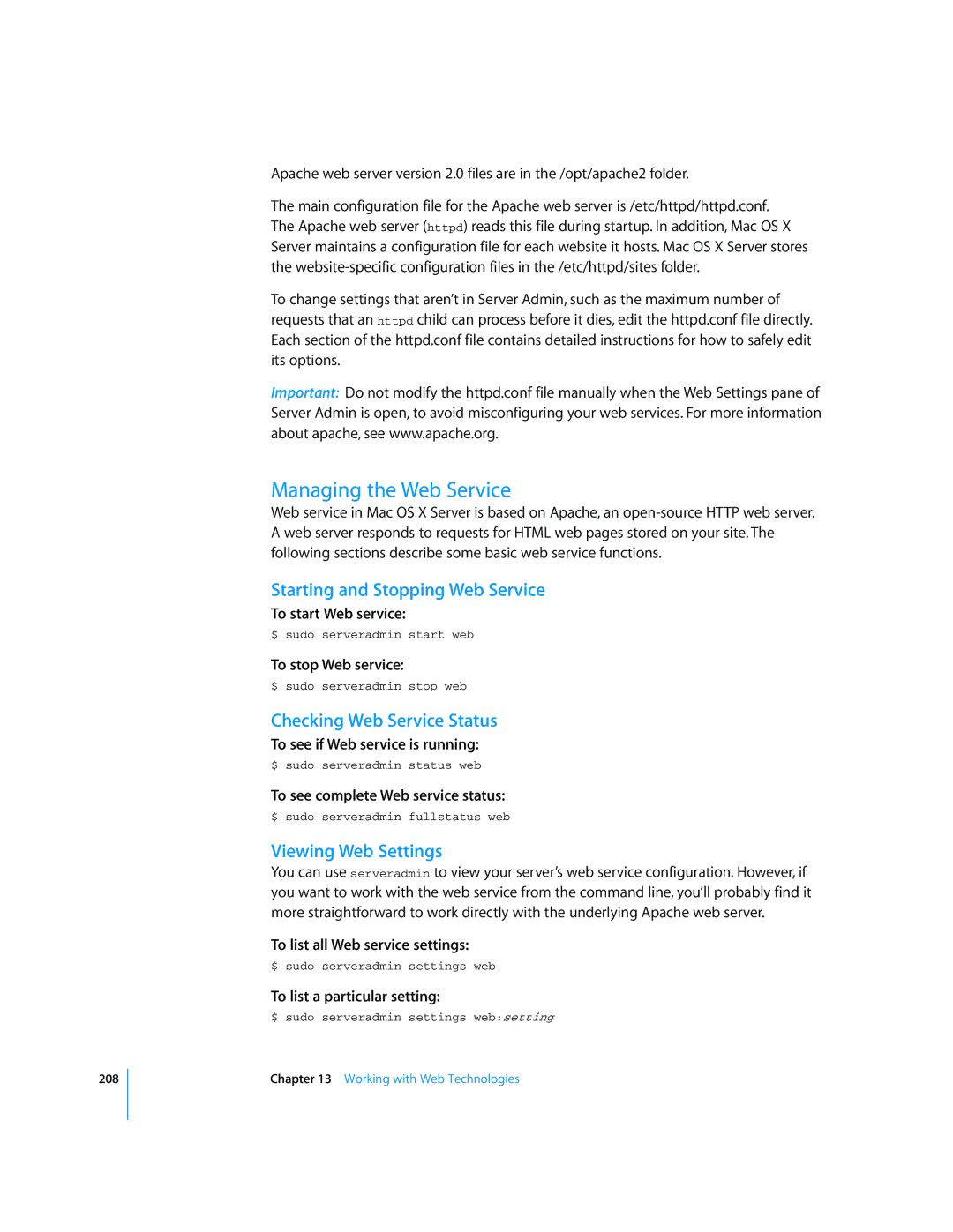 Apple Mac OS X Server manual Managing the Web Service, Starting and Stopping Web Service, Checking Web Service Status 