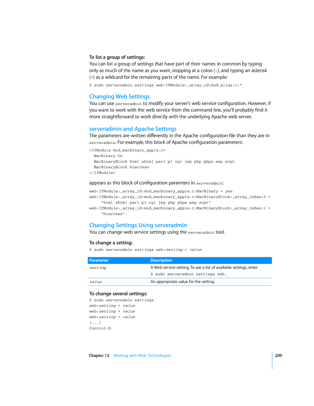 Apple Mac OS X Server manual Changing Web Settings, Serveradmin and Apache Settings, Changing Settings Using serveradmin 