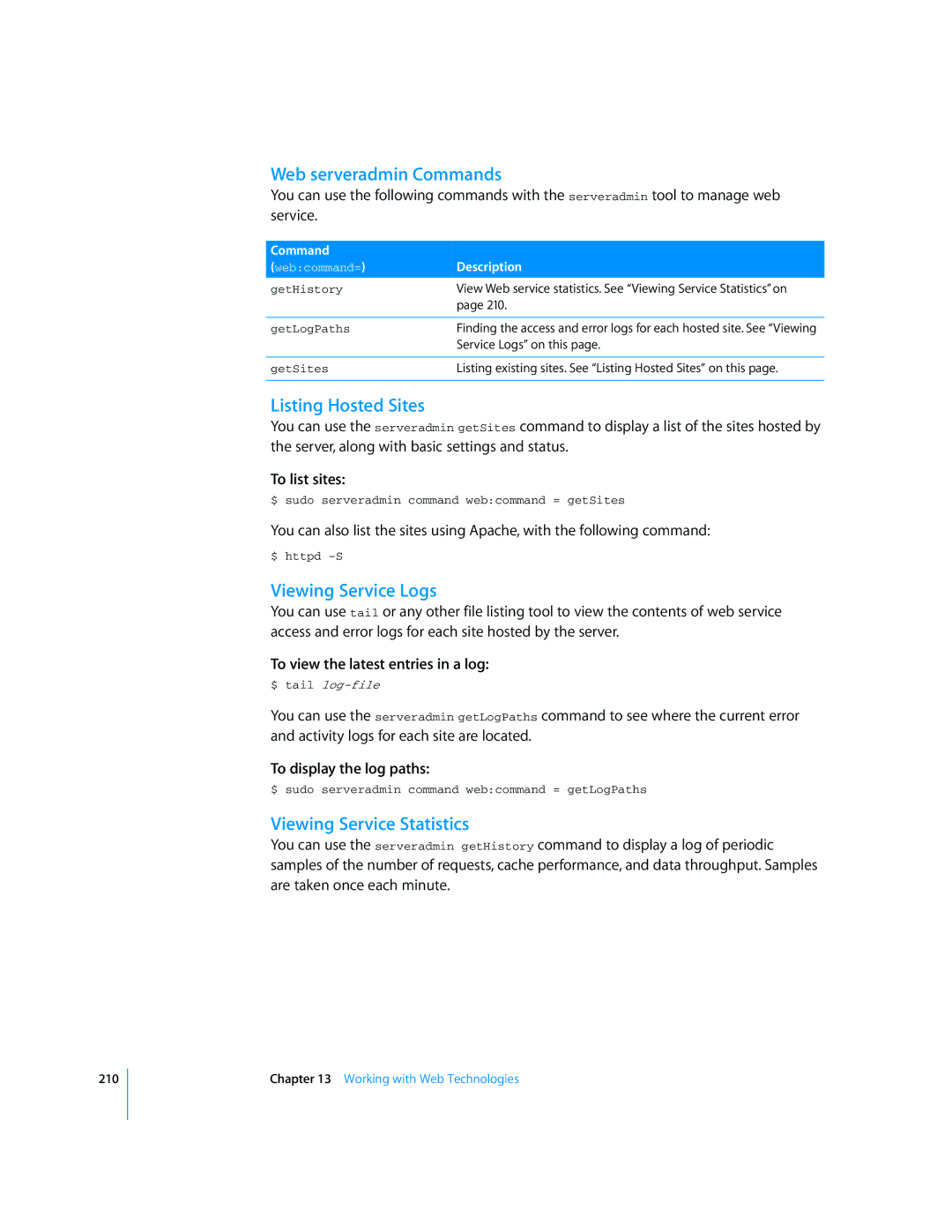 Apple Mac OS X Server Web serveradmin Commands, Listing Hosted Sites, Viewing Service Logs, Viewing Service Statistics 