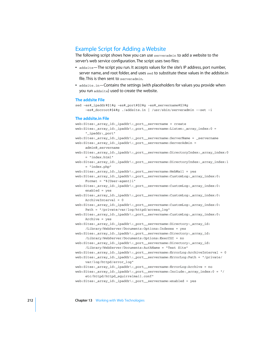 Apple Mac OS X Server manual Example Script for Adding a Website, Addsite File, Addsite.in File 
