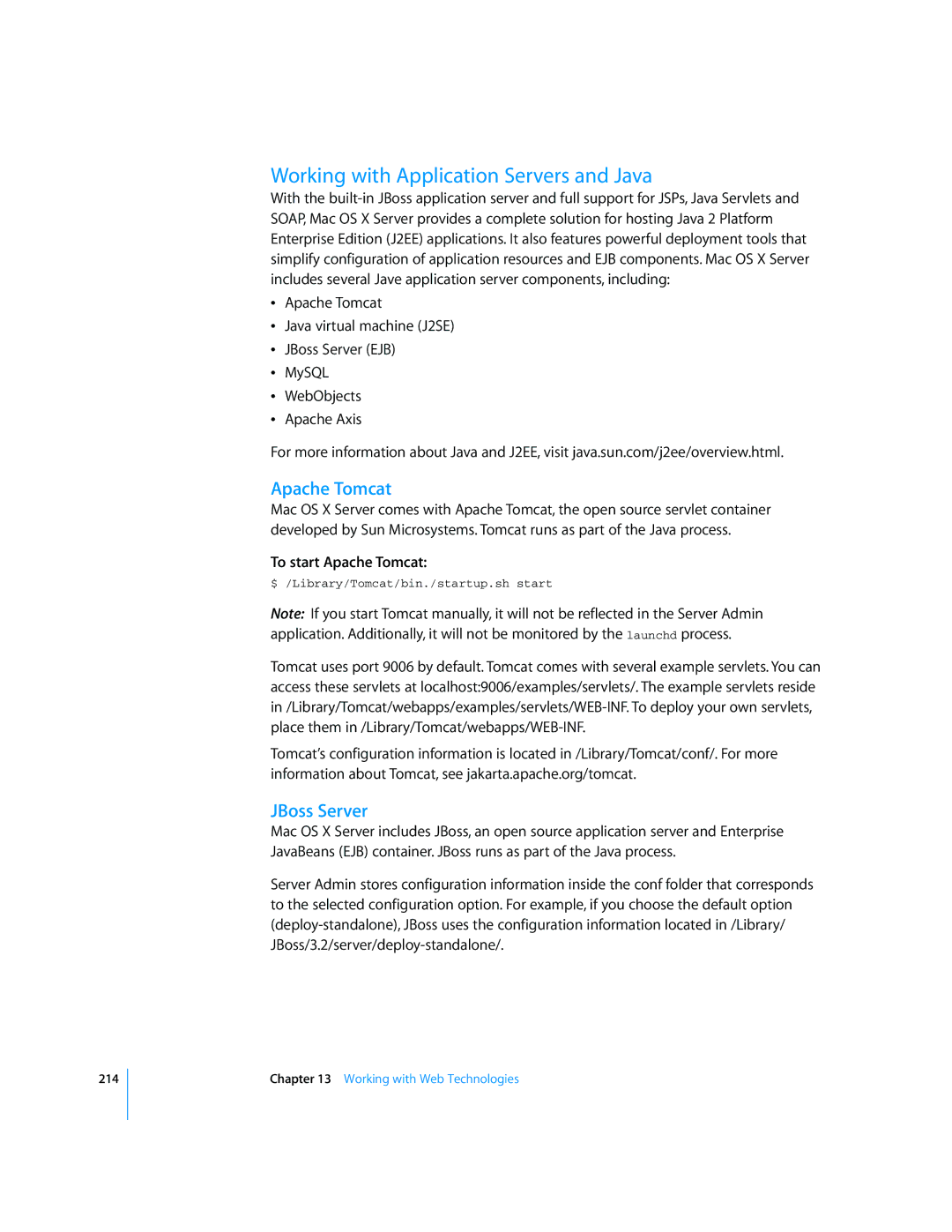 Apple Mac OS X Server manual Working with Application Servers and Java, JBoss Server, To start Apache Tomcat 