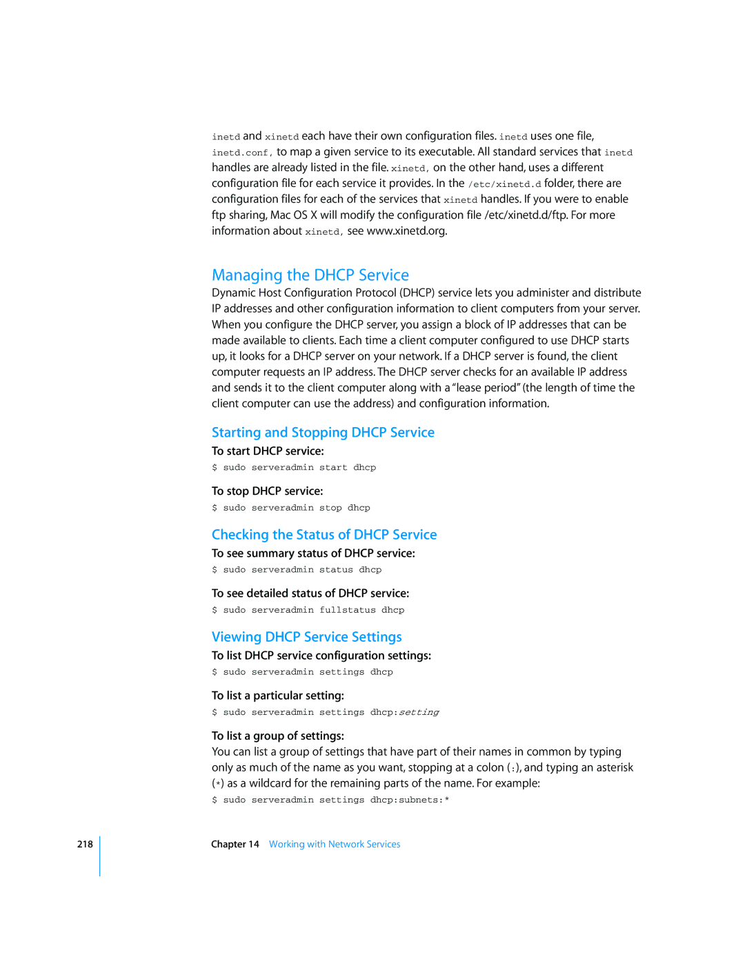 Apple Mac OS X Server Managing the Dhcp Service, Starting and Stopping Dhcp Service, Checking the Status of Dhcp Service 