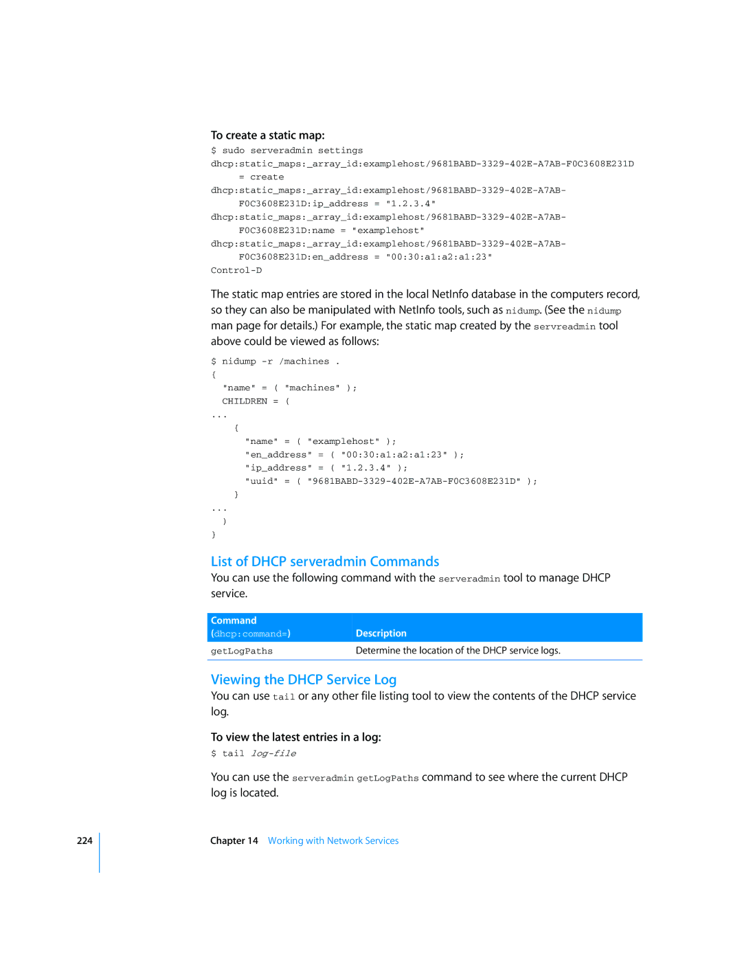 Apple Mac OS X Server manual List of Dhcp serveradmin Commands, Viewing the Dhcp Service Log, To create a static map 