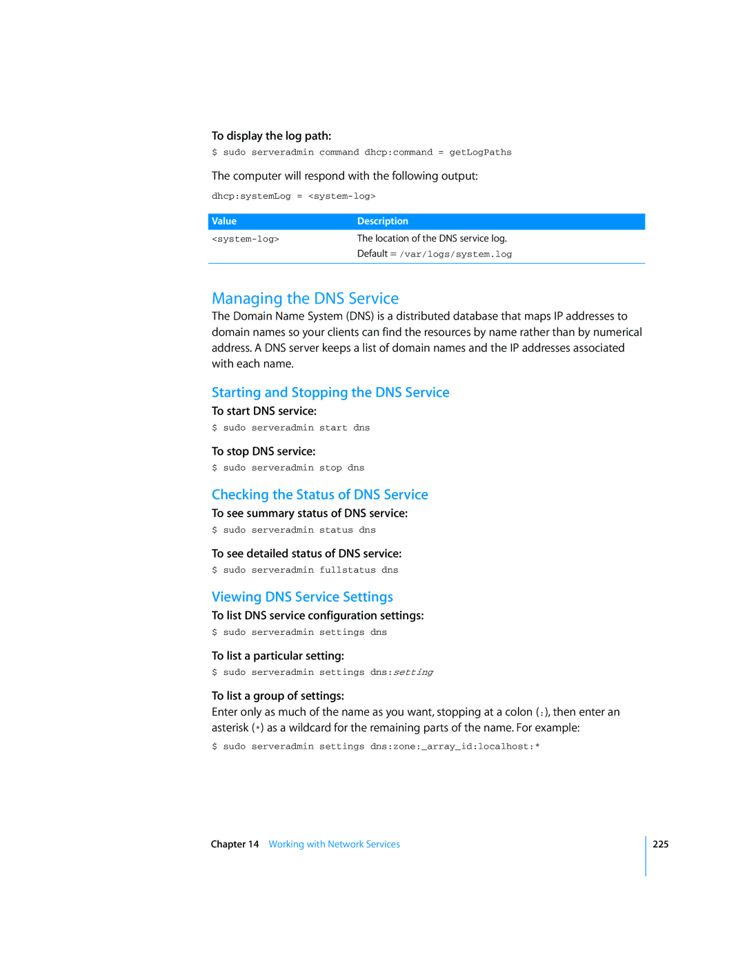 Apple Mac OS X Server Managing the DNS Service, Starting and Stopping the DNS Service, Checking the Status of DNS Service 
