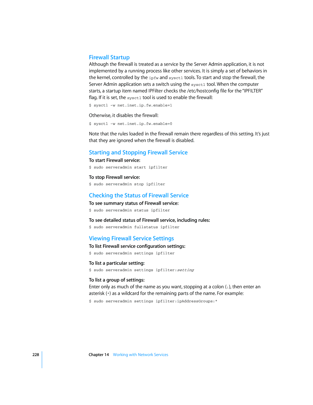 Apple Mac OS X Server Firewall Startup, Starting and Stopping Firewall Service, Checking the Status of Firewall Service 