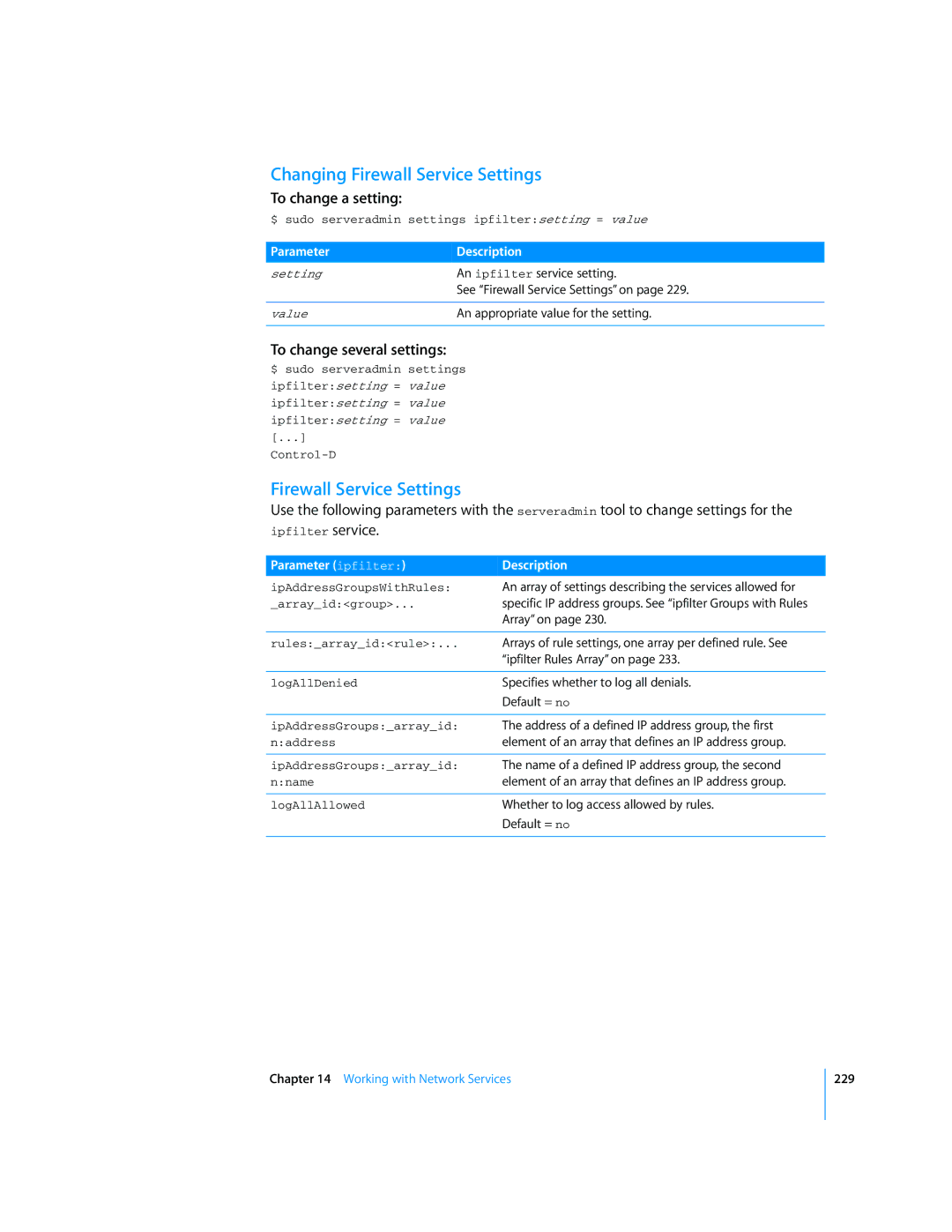 Apple Mac OS X Server manual Changing Firewall Service Settings, Parameter ipfilter Description 