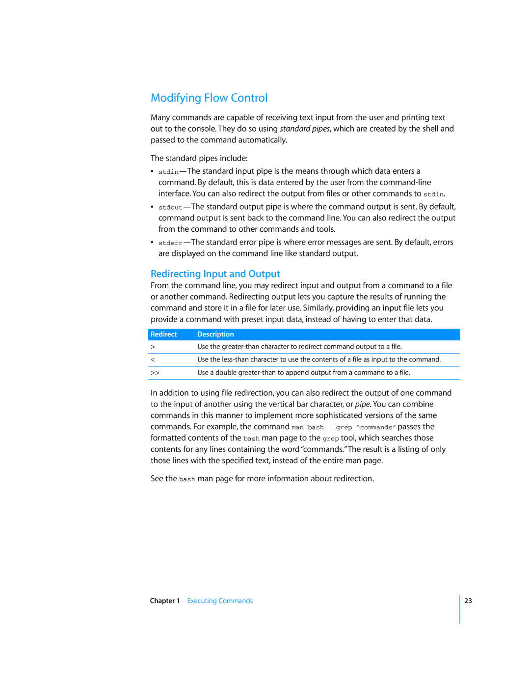 Apple Mac OS X Server manual Modifying Flow Control, Redirecting Input and Output, Redirect Description 