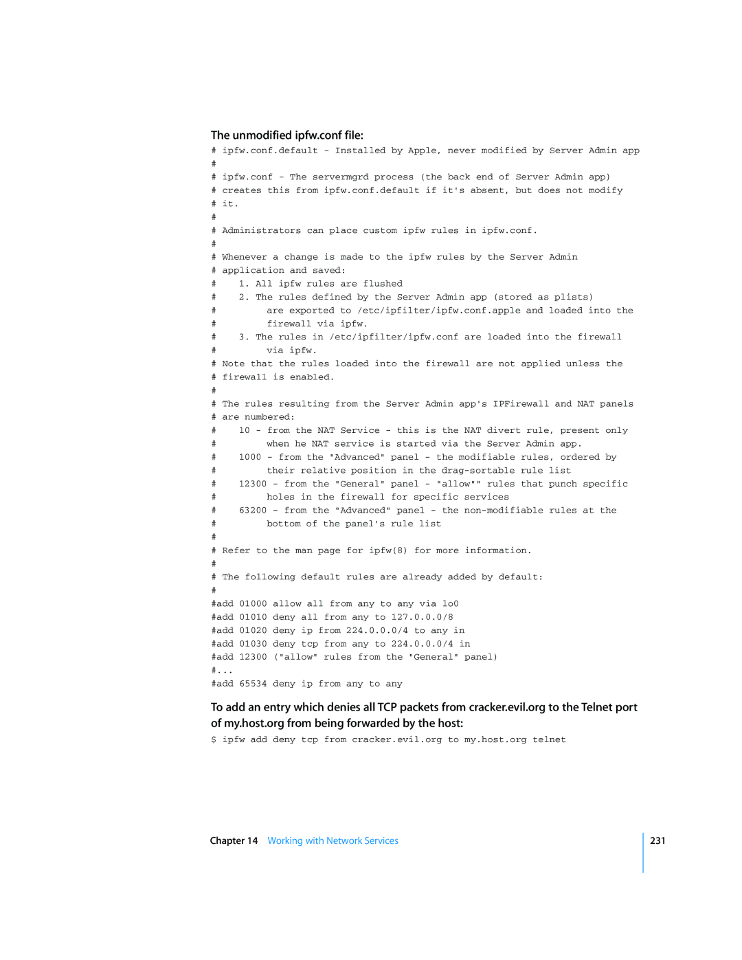Apple Mac OS X Server manual Unmodified ipfw.conf file 