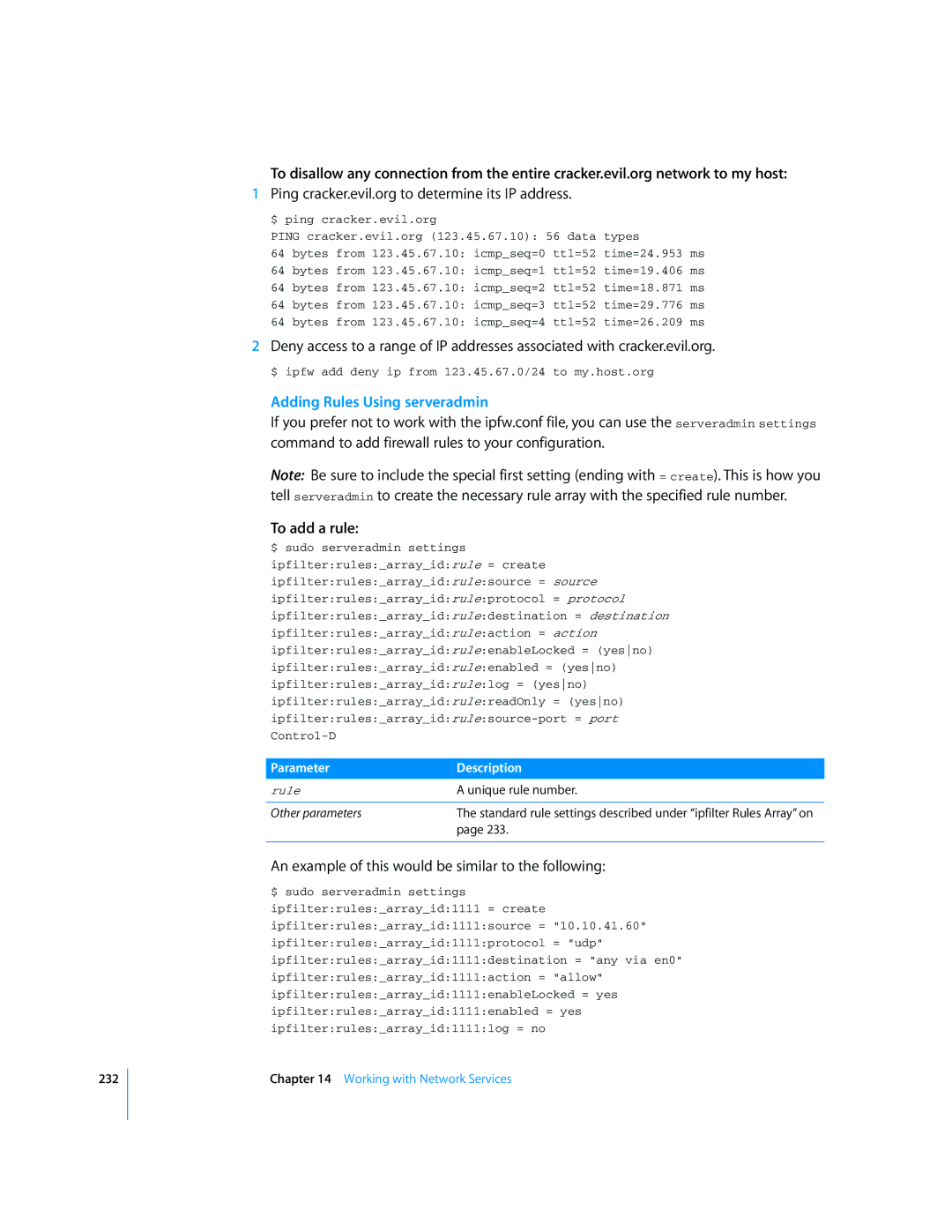 Apple Mac OS X Server Ping cracker.evil.org to determine its IP address, Adding Rules Using serveradmin, To add a rule 