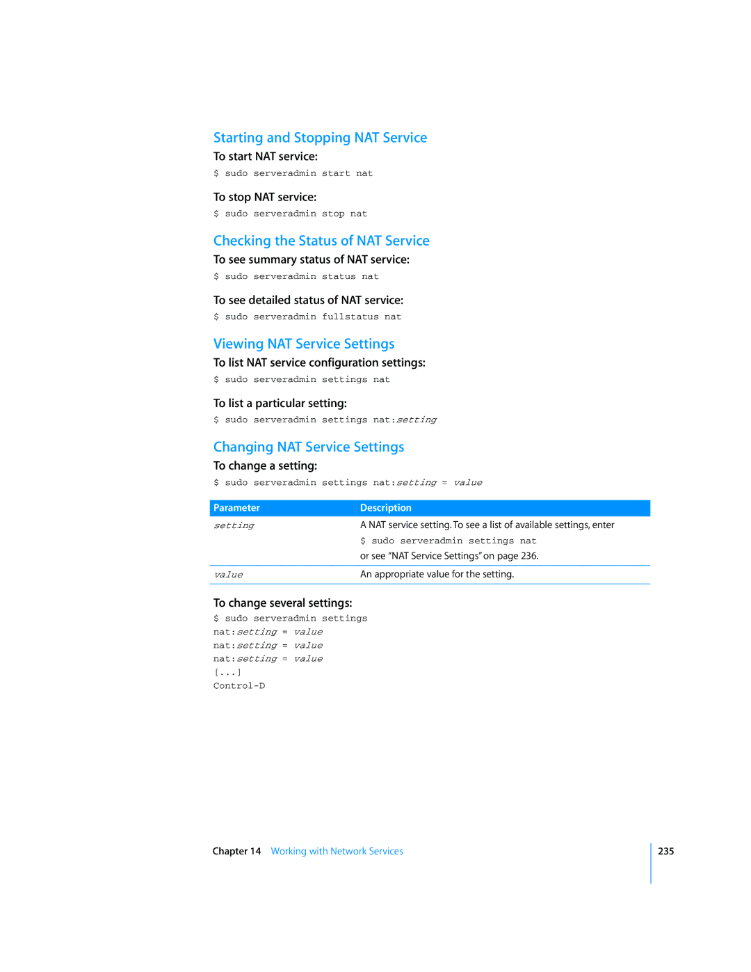 Apple Mac OS X Server Starting and Stopping NAT Service, Checking the Status of NAT Service, Viewing NAT Service Settings 