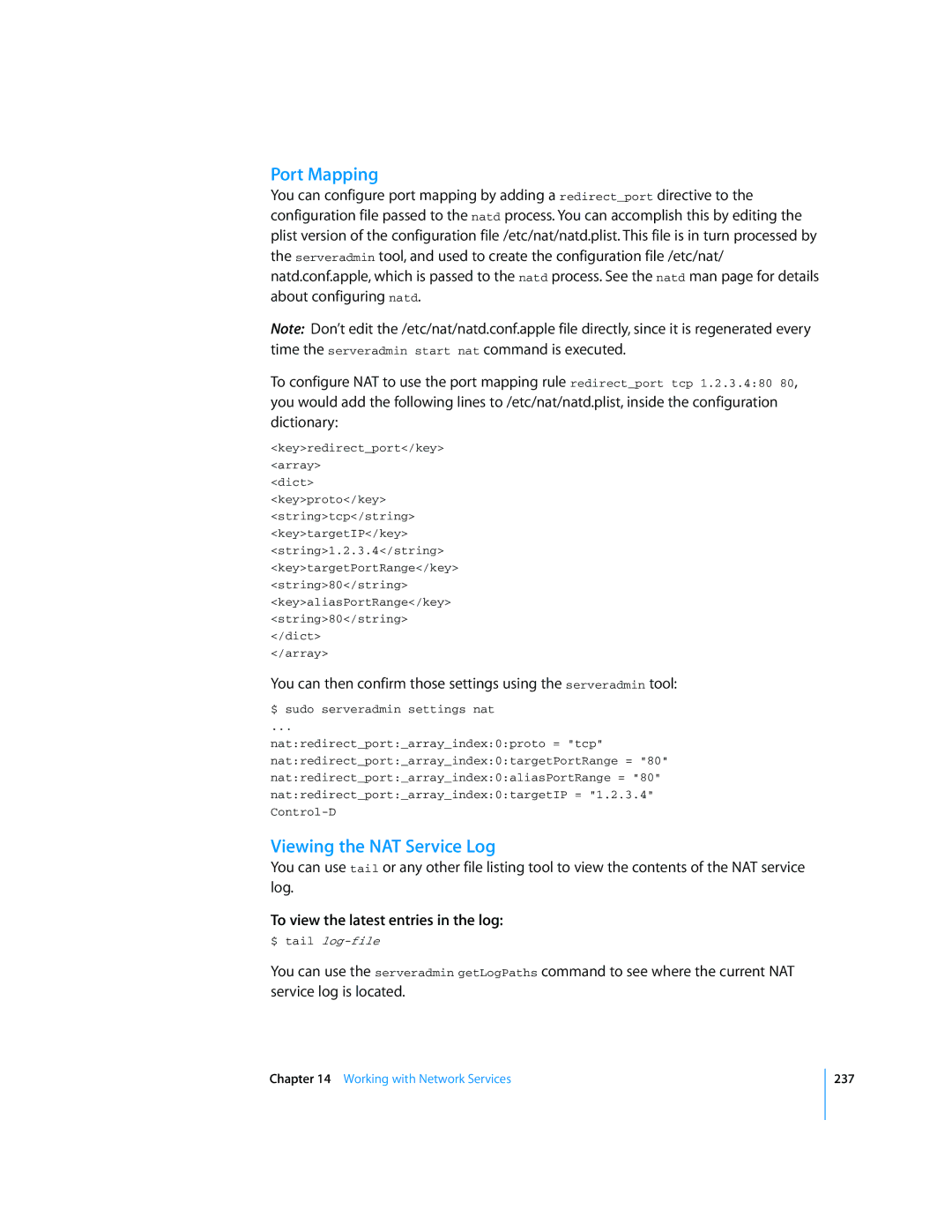 Apple Mac OS X Server manual Port Mapping, Viewing the NAT Service Log 