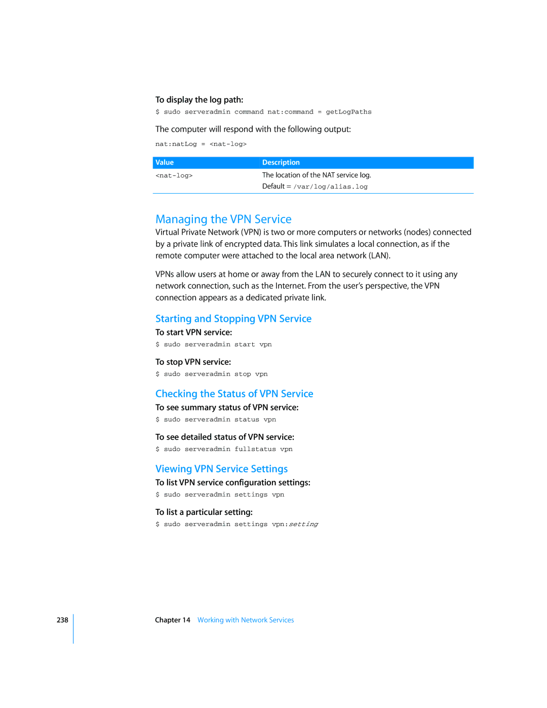 Apple Mac OS X Server Managing the VPN Service, Starting and Stopping VPN Service, Checking the Status of VPN Service 