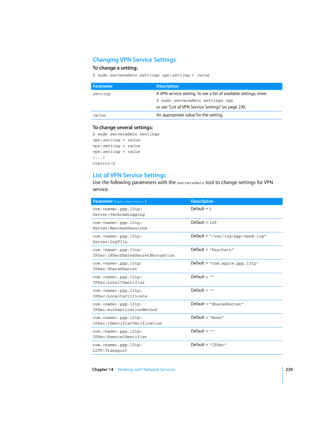 Apple Mac OS X Server manual Changing VPN Service Settings, List of VPN Service Settings, Parameter vpnServers Description 