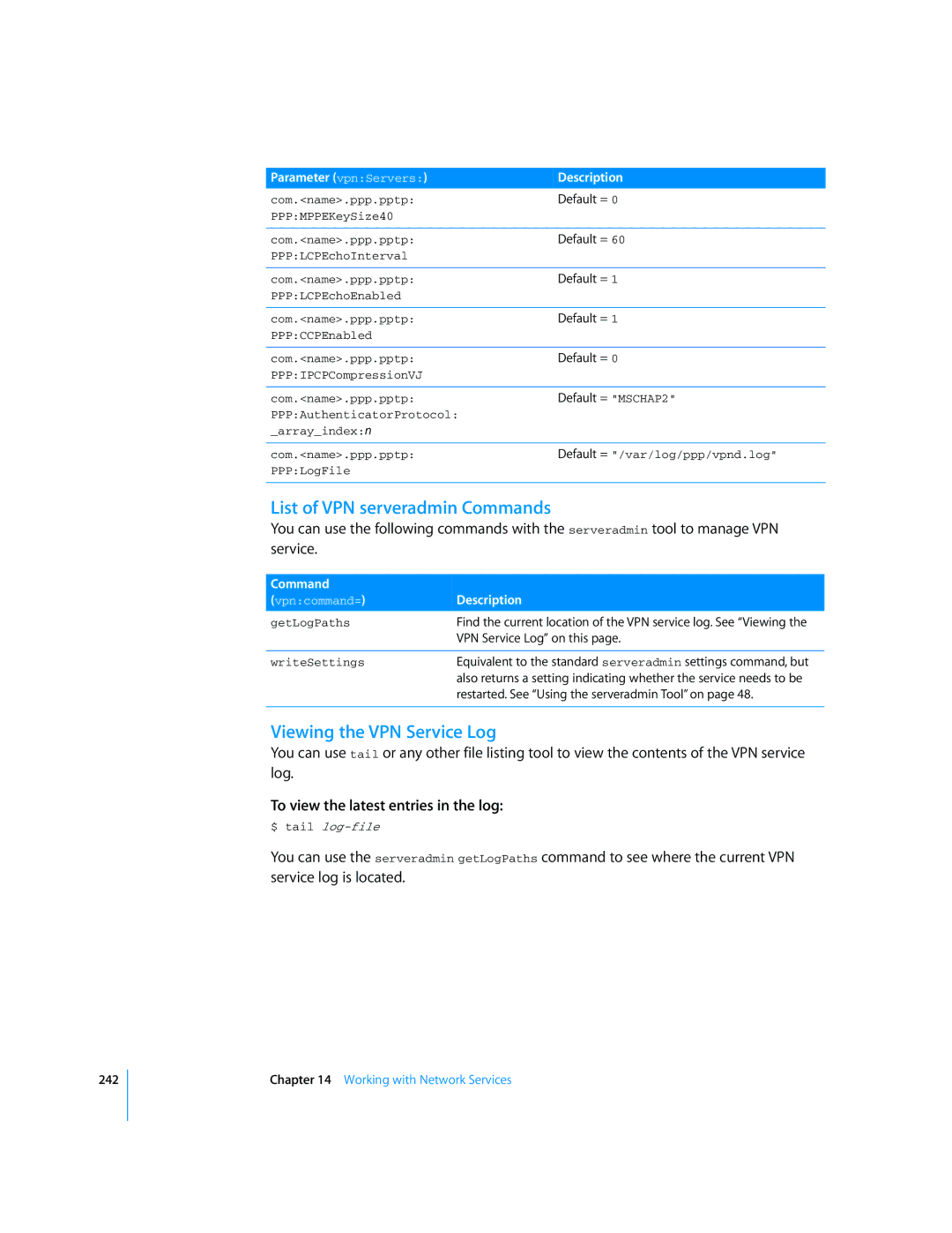 Apple Mac OS X Server manual List of VPN serveradmin Commands, Viewing the VPN Service Log, VPN Service Log on this 