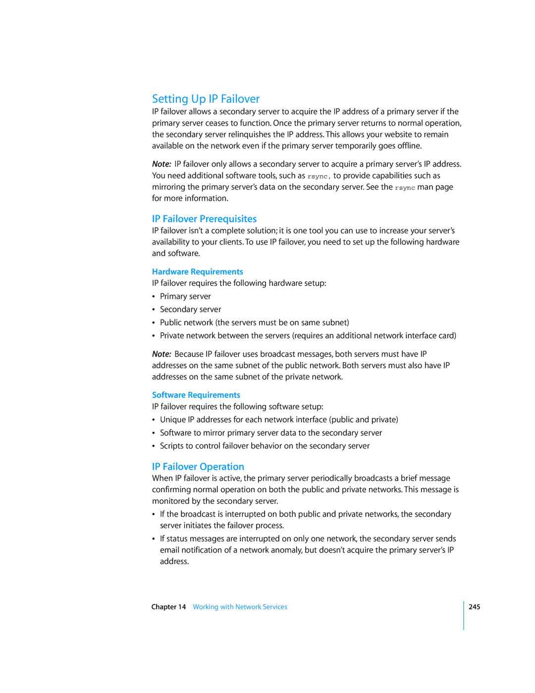 Apple Mac OS X Server Setting Up IP Failover, IP Failover Prerequisites, IP Failover Operation, Hardware Requirements 