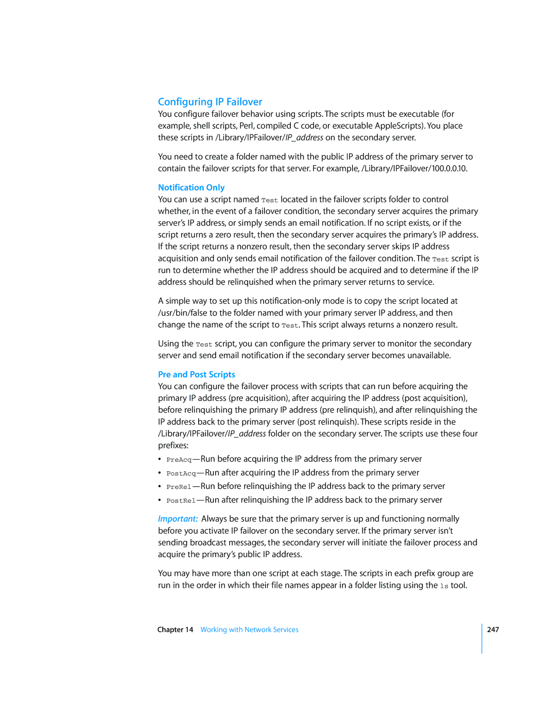 Apple Mac OS X Server manual Configuring IP Failover, Notification Only, Pre and Post Scripts 