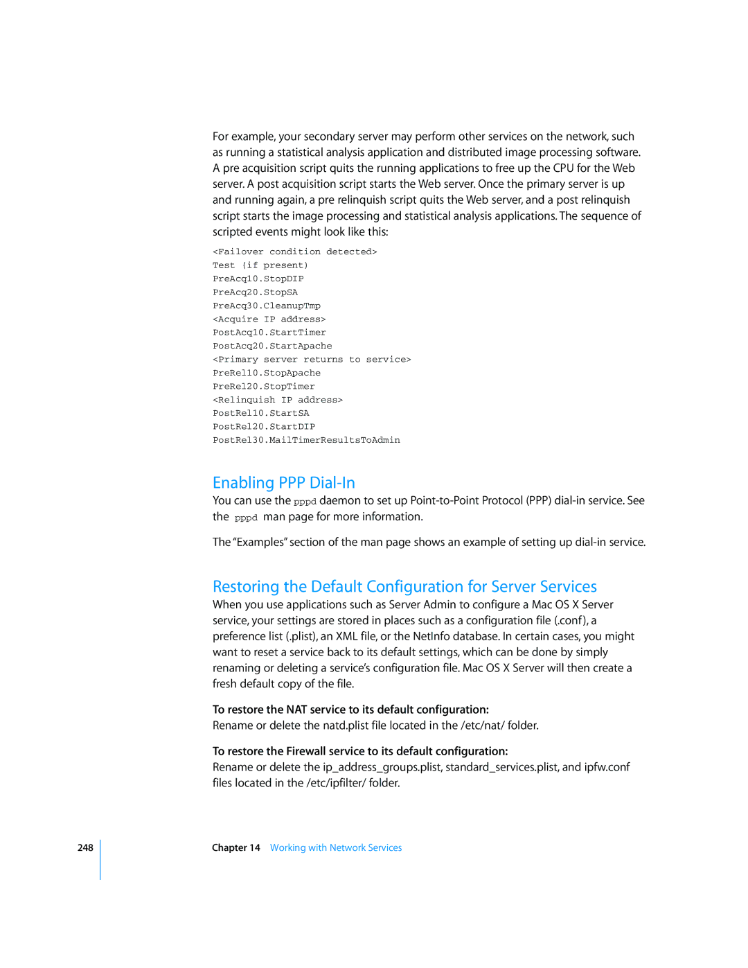 Apple Mac OS X Server manual Enabling PPP Dial-In, Restoring the Default Configuration for Server Services 