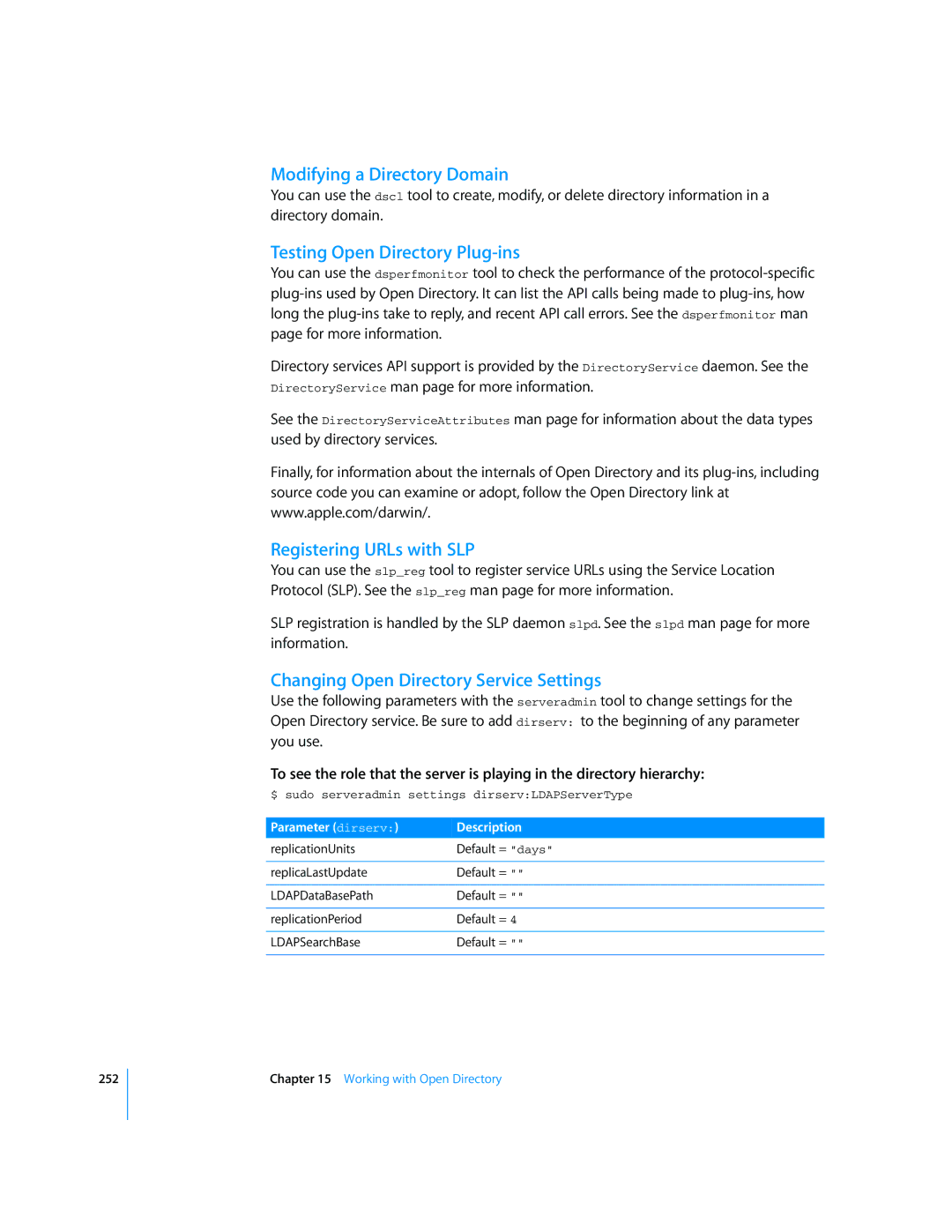 Apple Mac OS X Server manual Modifying a Directory Domain, Testing Open Directory Plug-ins, Registering URLs with SLP 