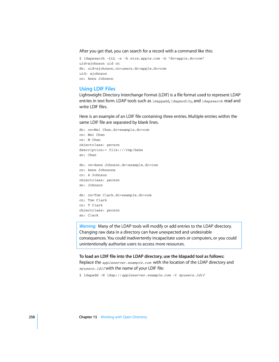 Apple Mac OS X Server manual Using Ldif Files 