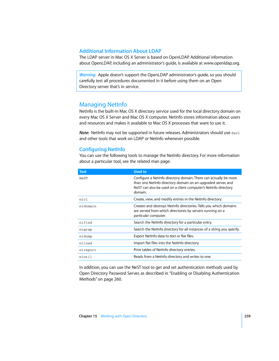 Apple Mac OS X Server manual Managing NetInfo, Additional Information About Ldap, Configuring NetInfo 