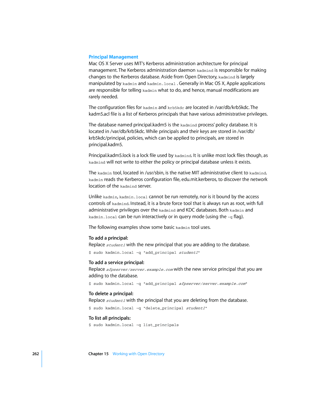 Apple Mac OS X Server manual Principal Management, To add a principal, To add a service principal, To delete a principal 