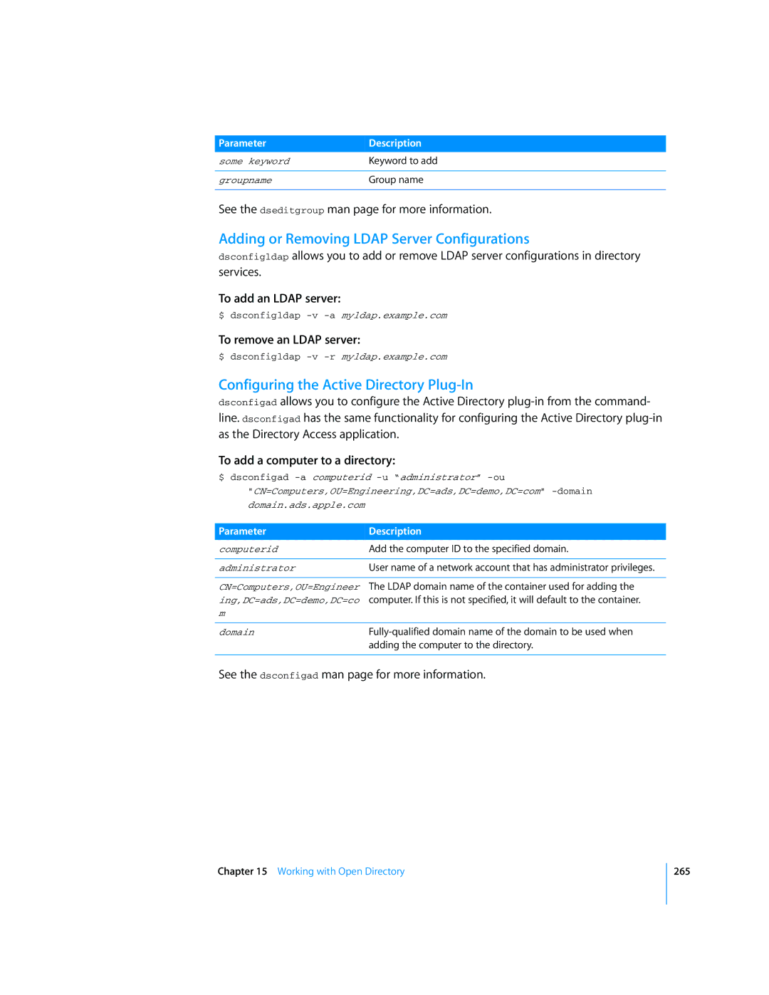 Apple Mac OS X Server manual Adding or Removing Ldap Server Configurations, Configuring the Active Directory Plug-In 