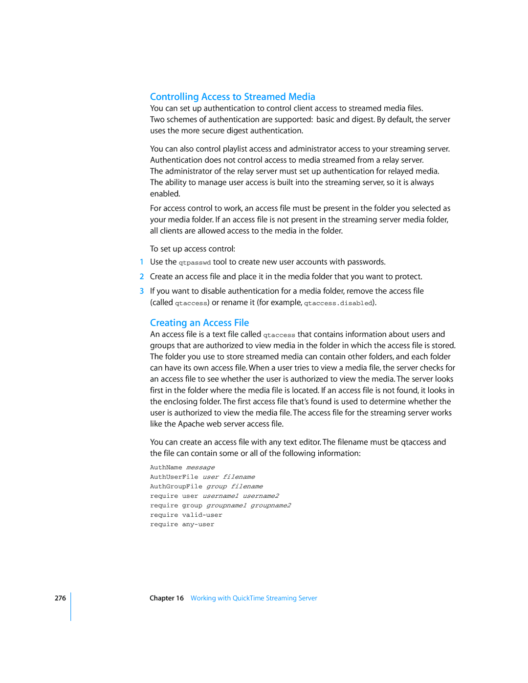 Apple Mac OS X Server manual Controlling Access to Streamed Media, Creating an Access File 