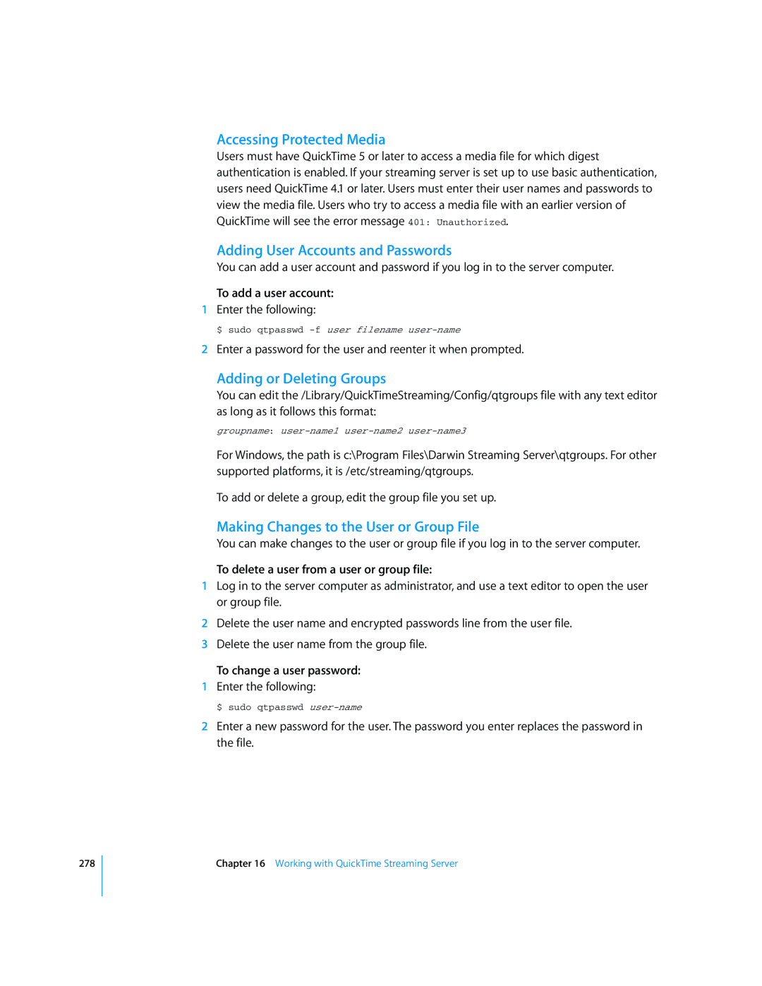 Apple Mac OS X Server manual Accessing Protected Media, Adding User Accounts and Passwords, Adding or Deleting Groups 