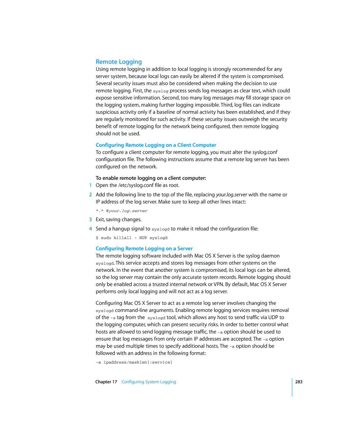 Apple Mac OS X Server Configuring Remote Logging on a Client Computer, To enable remote logging on a client computer 