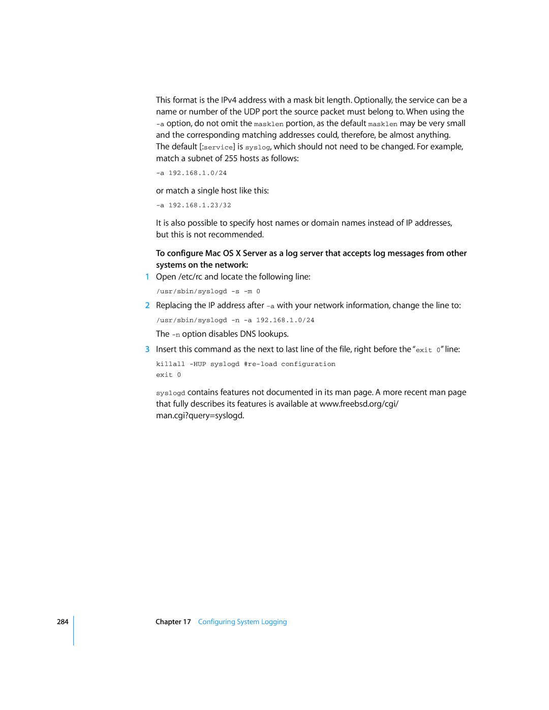 Apple Mac OS X Server manual Or match a single host like this, Open /etc/rc and locate the following line 