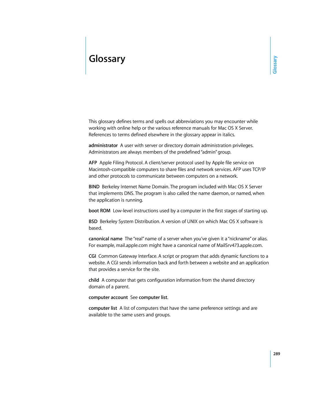 Apple Mac OS X Server manual Glossary, Computer account See computer list 