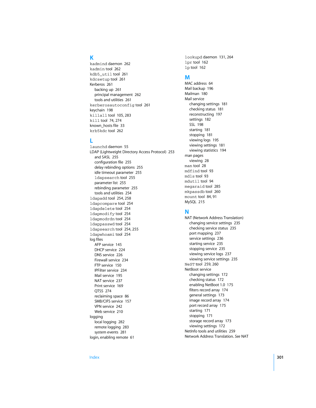 Apple Mac OS X Server manual Backing up Principal management 262 tools and utilities, Kerberosautoconfig tool 261 keychain 