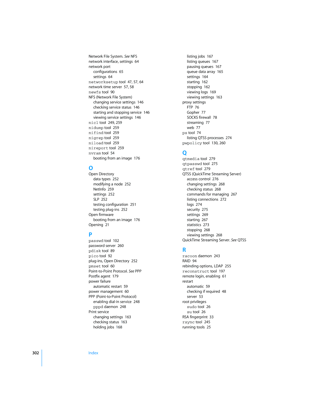 Apple Mac OS X Server manual 302, QuickTime Streaming Server. See Qtss 